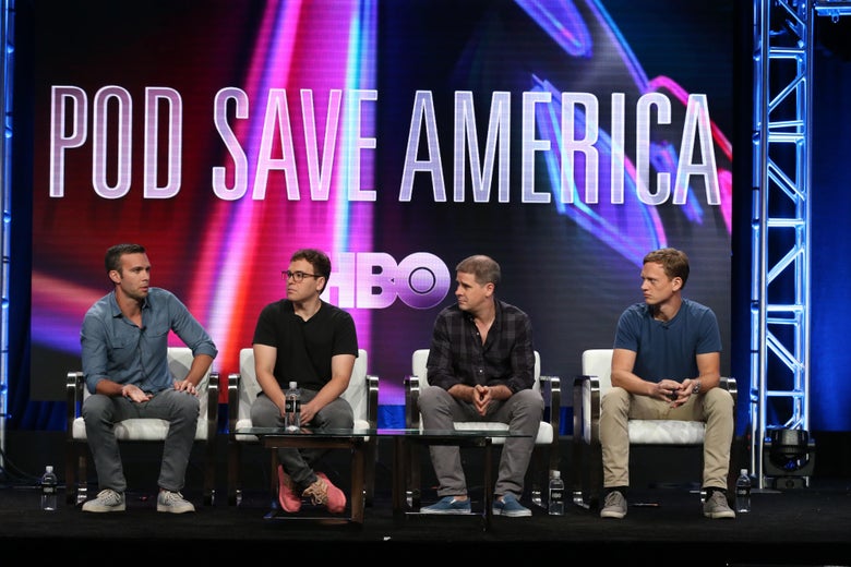 BEVERLY HILLS, CA - JULY 25: Jon Favreau, Jon Lovett, Dan Pfeiffer and Tommy Vietor of 'Pod Save America' speaks onstage during the HBO portion of the Summer 2018 TCA Press Tour at The Beverly Hilton Hotelon July 25, 2018 in Beverly Hills, California. (Photo by Frederick M. Brown/Getty Images)
